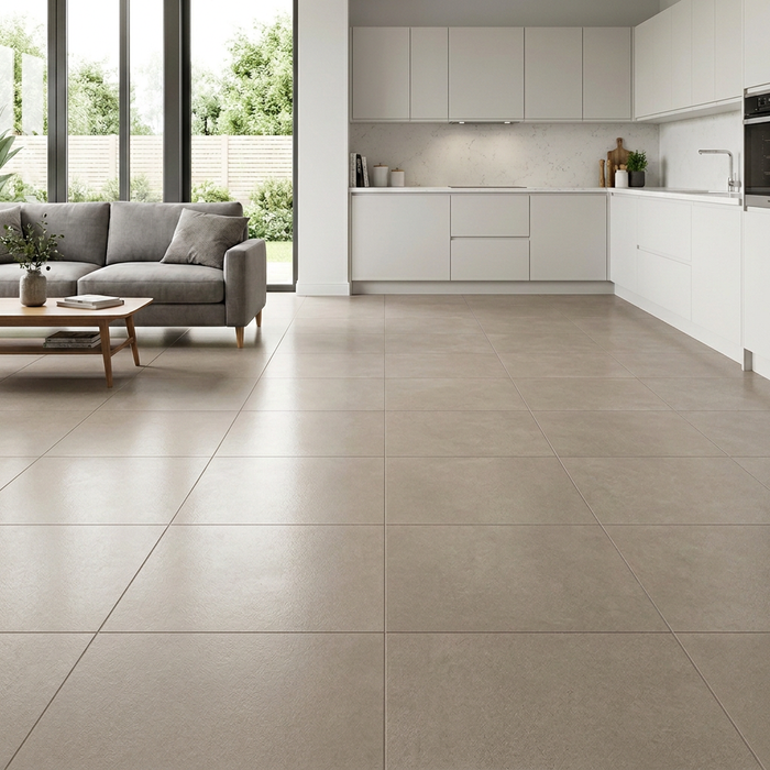 Dwell Greige 600x600mm Polished Finish Floor Tile — kitchen setting