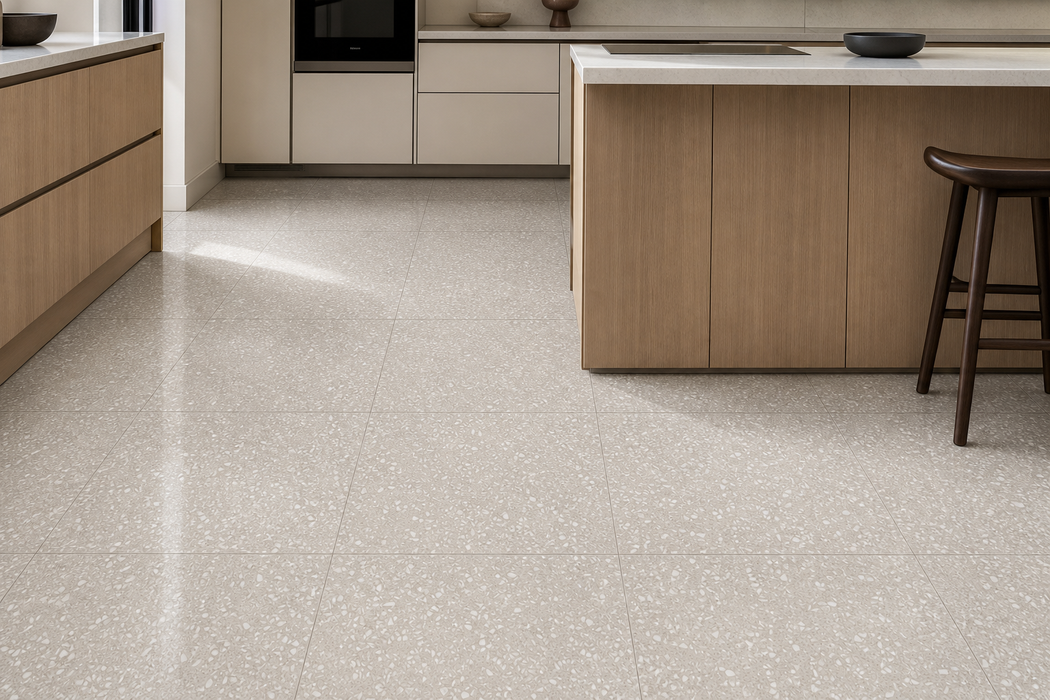 Marvel Gems Terrazzo Pearl 600x600mm Polished Finish Floor Tile — kitchen setting