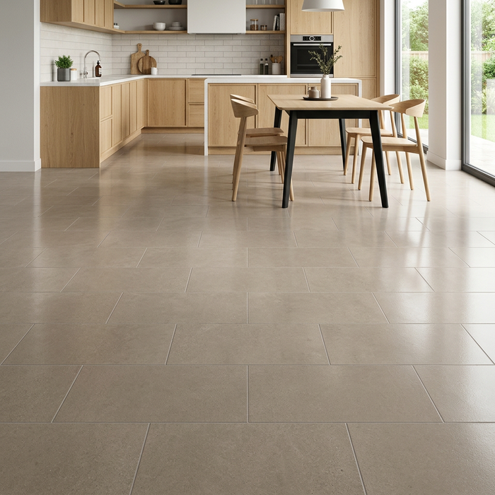Dwell Greige 300x600mm Polished Finish Floor Tile — kitchen setting