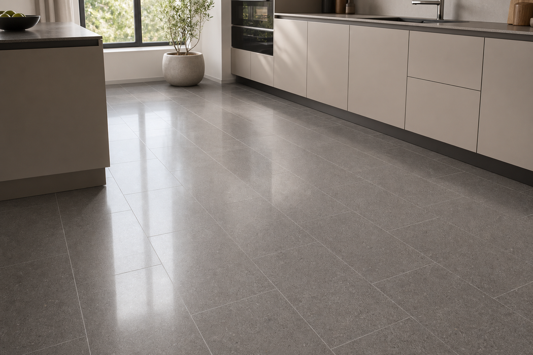Kone Grey 300x600mm Polished Finish Floor Tile — kitchen setting