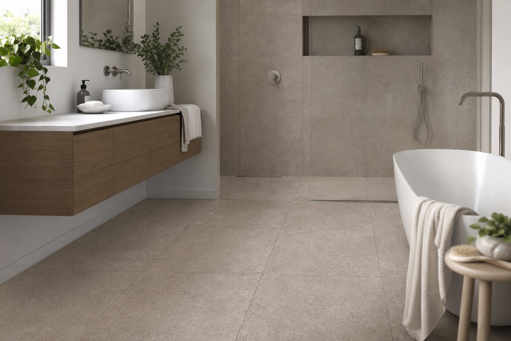 Realm Gray 600x600mm Matte Floor/Wall Tile — bathroom setting