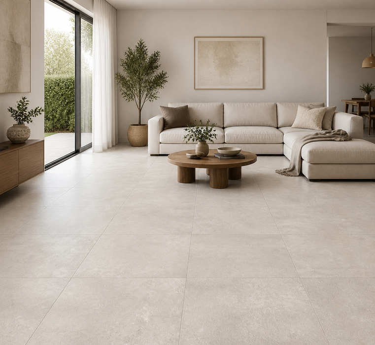 Boost White 600x600mm Matte Finish Floor Tile — living area setting