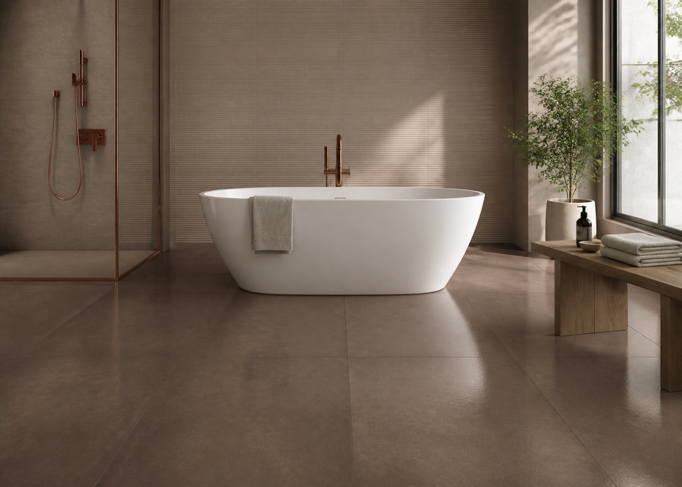 Dwell Brown Leather 750x1500mm Polished Finish Floor Tile - bathroom setting