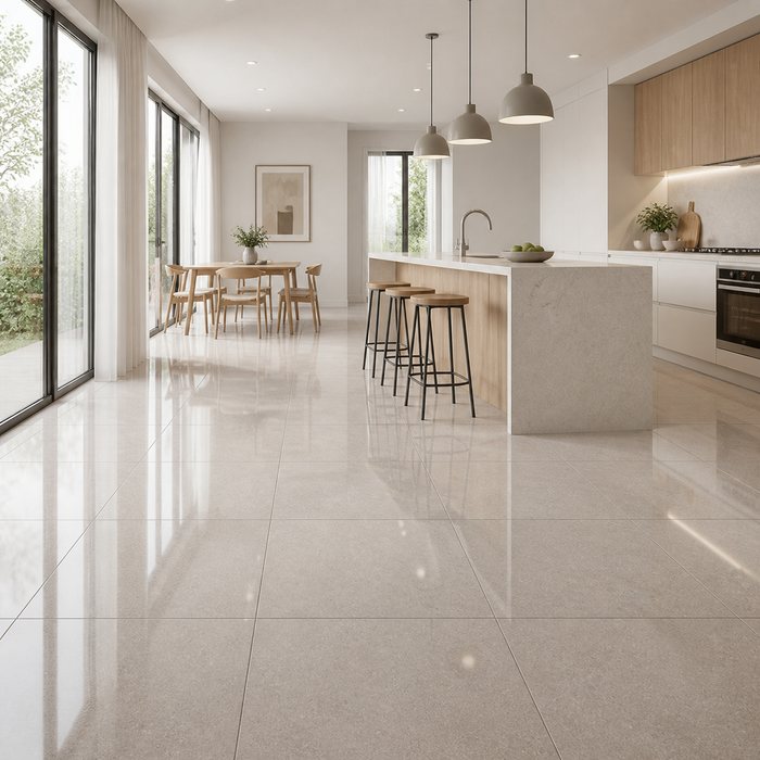 Kone Pearl 600x600mm Polished Finish Floor Tile - kitchen setting