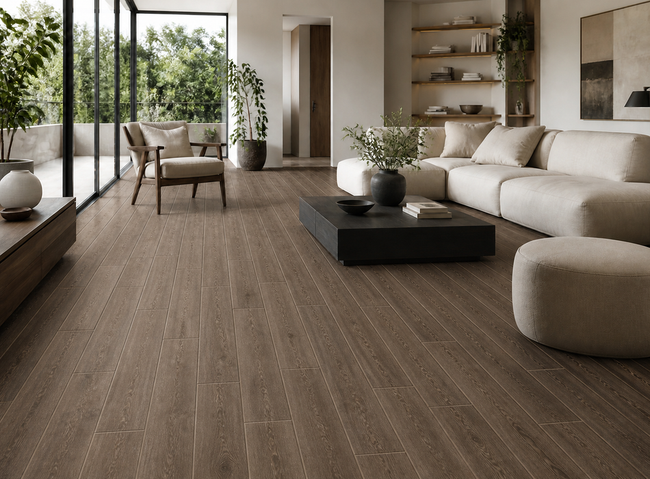 Arbor Tobacco 150x900mm Matte Finish Floor Tile - living area setting