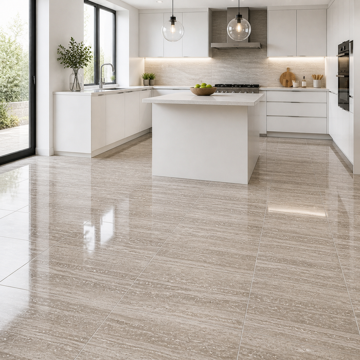 Marvel Pro Travertino Silver 600x600mm Polished Finish Floor Tile — kitchen setting