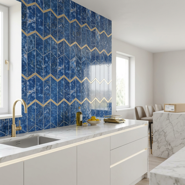 Marvel Chevron Ultramarine 170x414mm sheet Polished White Body Wall Tile (0.42m2 box) - image 3