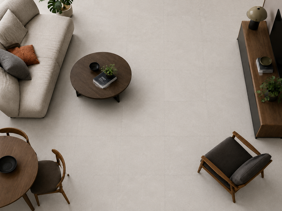 Lab325 Base Pearl 600x600mm Matte Floor/Wall Tile — living area setting