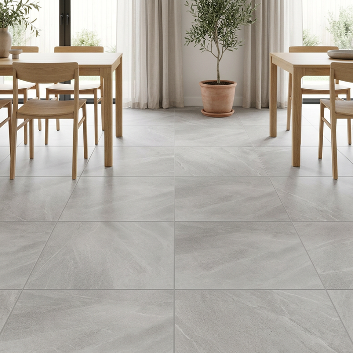 Poetry Stone Piase Ash Matte 600x600mm Floor Tile — living area setting