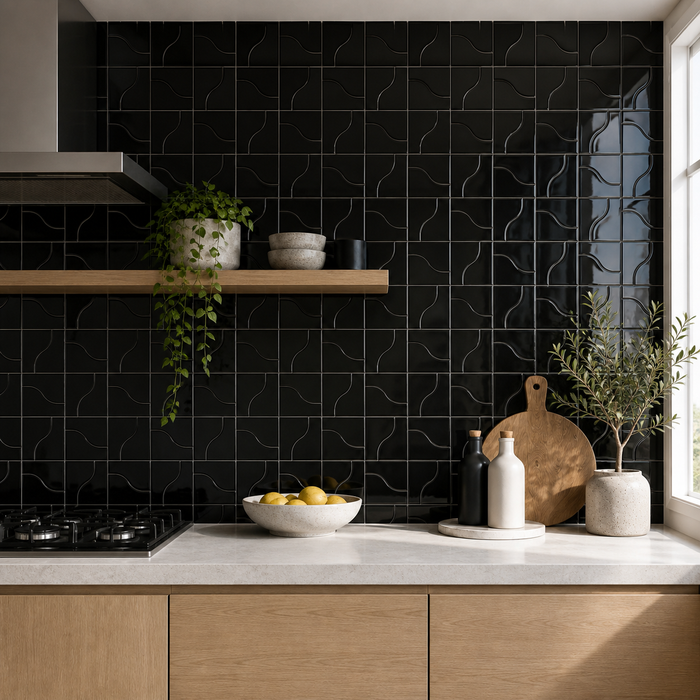 Curve Black Gloss 83x120mm Mosaic Wall Tile — kitchen setting