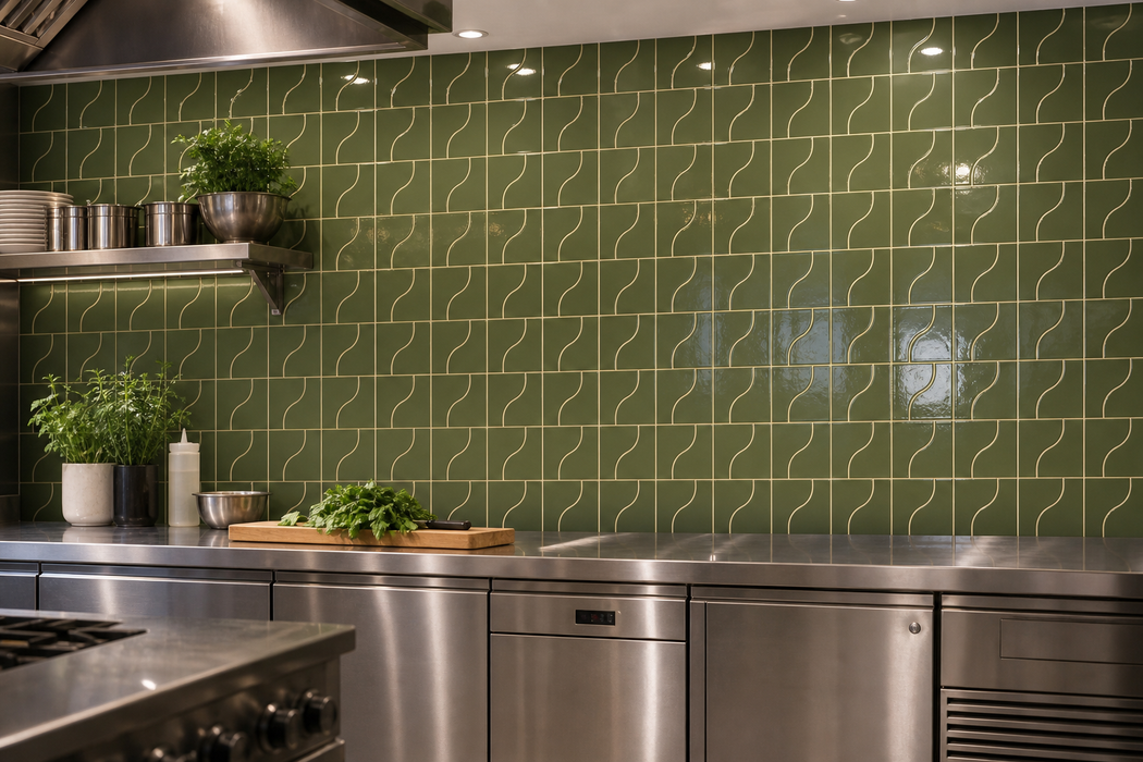 Curve Garden Green Gloss 83x120mm Mosaic Wall Tile — kitchen setting