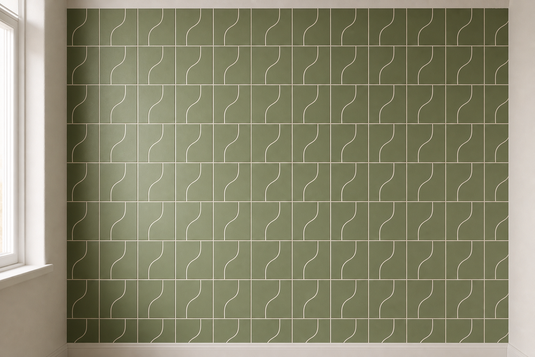 Curve Garden Green Matt 83x120mm Mosaic Wall Tile — kitchen setting