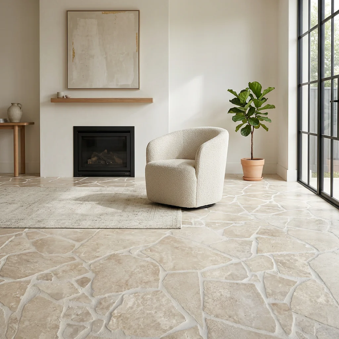 Travertine Ivory Crazy Pave Cross Cut 20mm (per M2) — living area setting