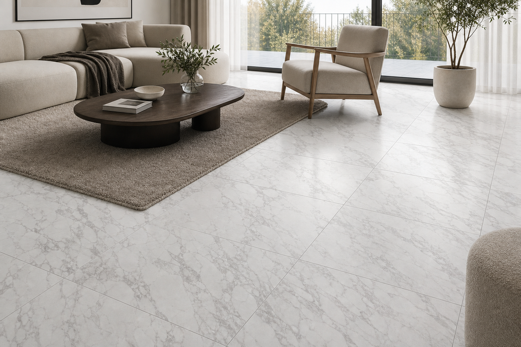 Marvel Pro Statuario Select 600x600mm Satin Finish Floor Tile — living area setting