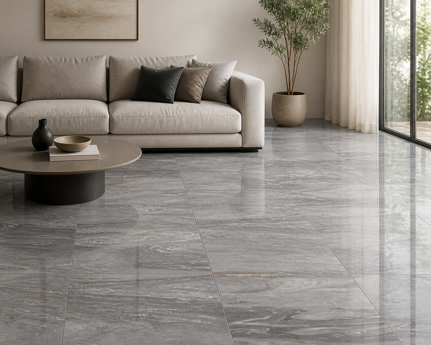 Marvel Dream Morning Sky 600x600mm Polished Finish Floor Tile — living area setting