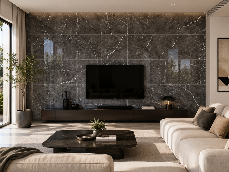 Marvel Dream Grigio Intenso 600x600mm Polished Finish Floor Tile — living area setting