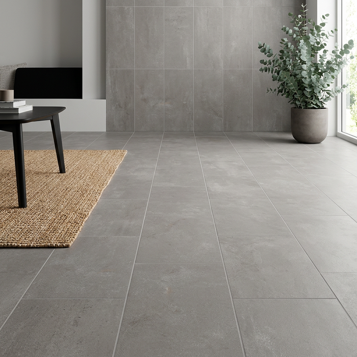 Boost Grey 300x600mm Matte Finish Floor Tile — living area setting