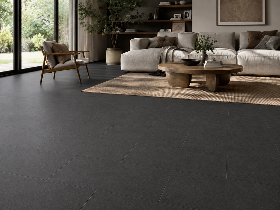 Boost Tarmac 300x600mm Matte Finish Floor Tile — living area setting