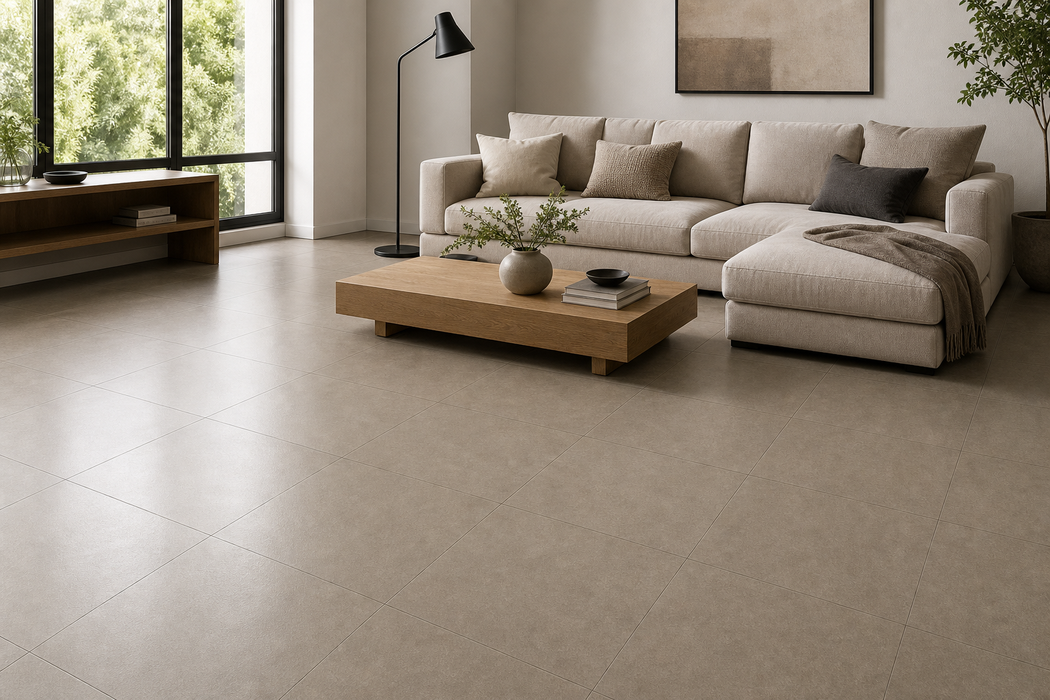 Dwell Greige 600x600mm Polished Finish Floor Tile — living area setting
