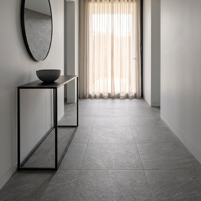 Brave Grey 600x600mm Matte Finish Floor Tile — living area setting