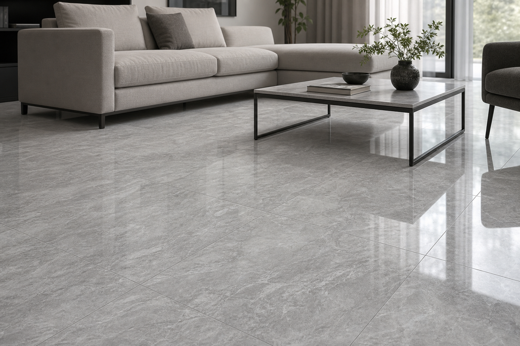 Marvel Stone Bardiglio Grey 600x600mm Polished Finish Floor Tile — living area setting