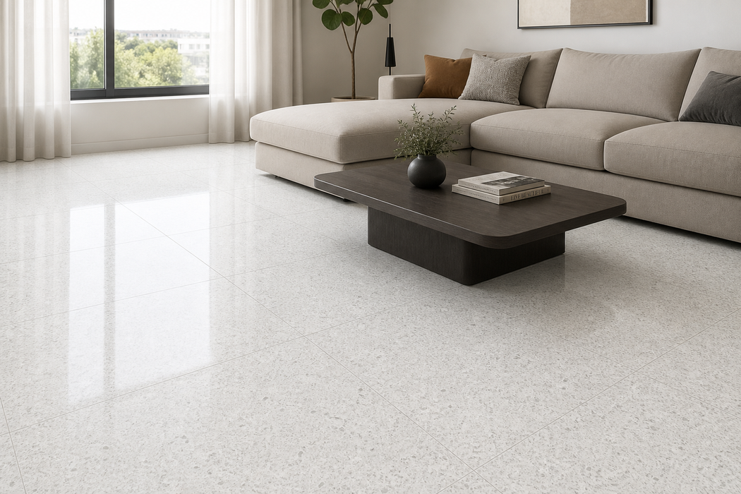 Marvel Gems Terrazzo White 600x600mm Polished Finish Floor Tile — living area setting