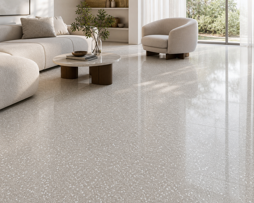 Marvel Gems Terrazzo Pearl 600x600mm Polished Finish Floor Tile — living area setting