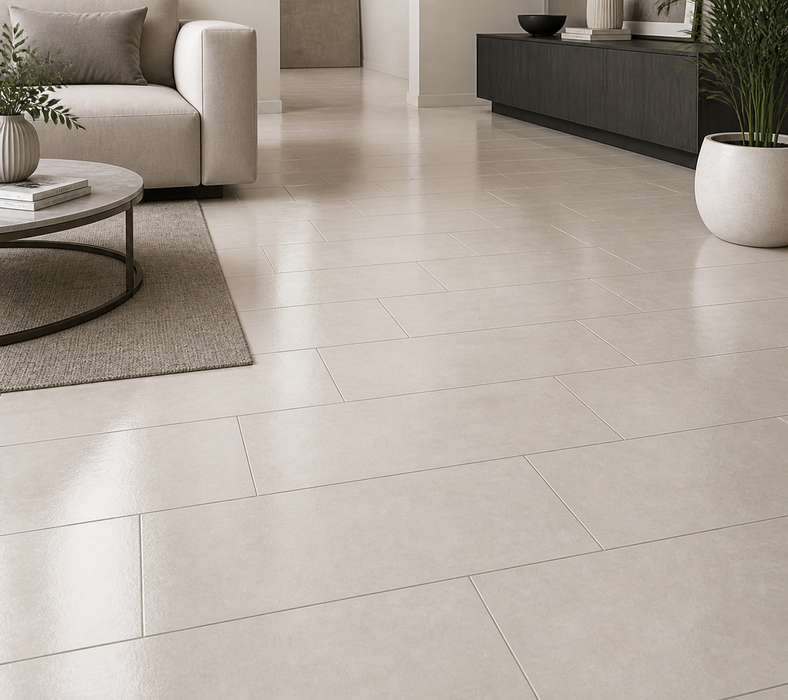 Dwell Pearl 300x600mm Polished Finish Floor Tile — living area setting