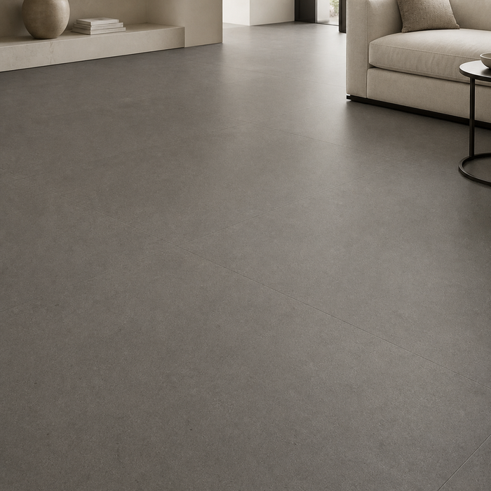 Dwell Smoke 300x600mm Matte Finish Floor Tile — living area setting