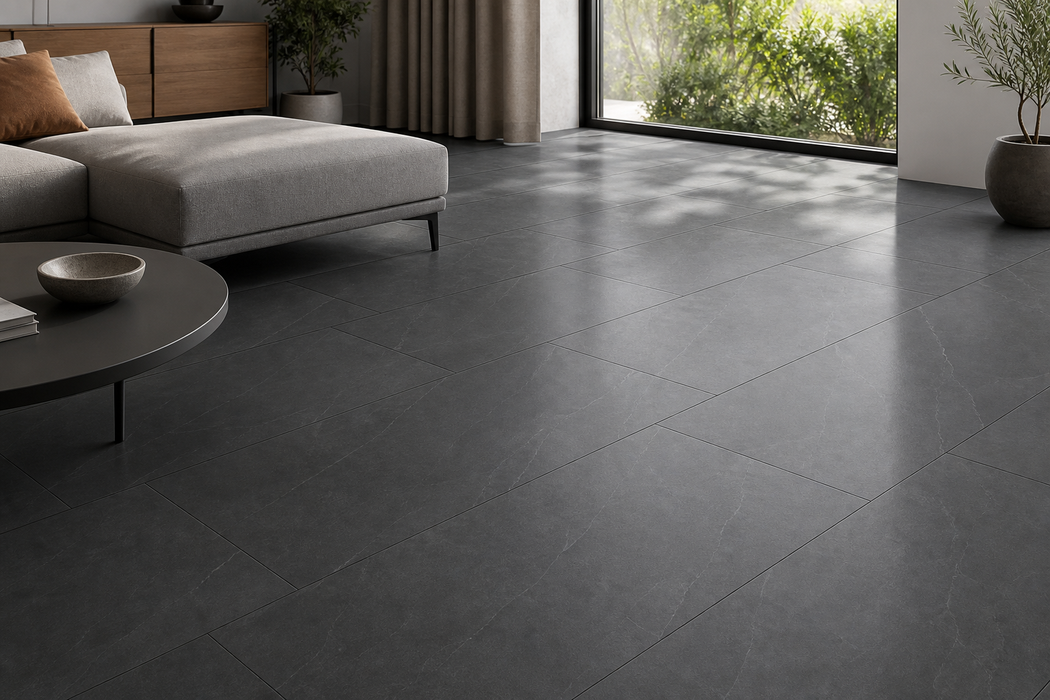 Nord Carbon 600x1200mm Matte Floor/Wall Tile — living area setting