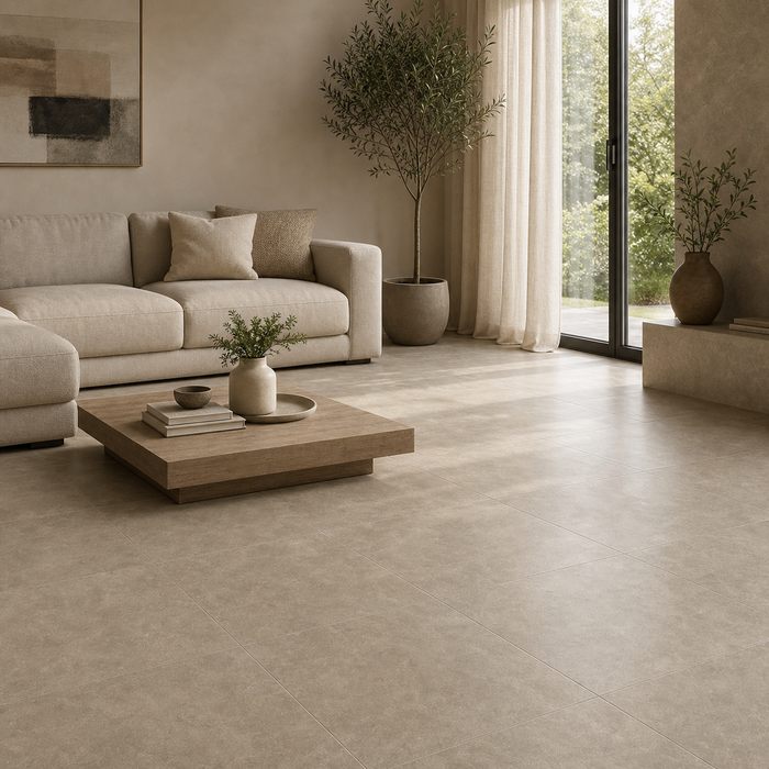 Screed Loft Taupe 600x600mm Matte Floor/Wall Tile — living area setting
