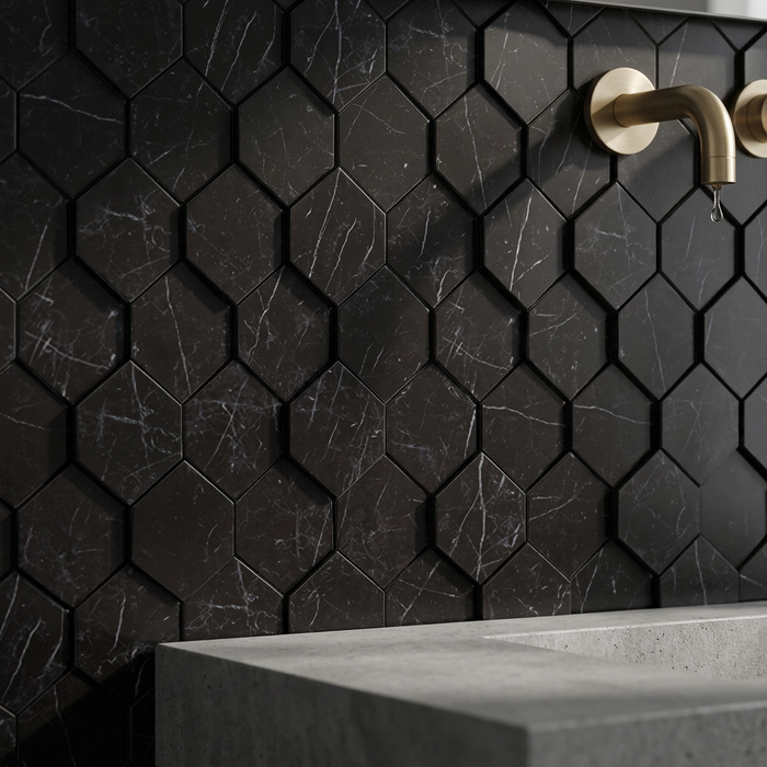 Marvel Stone Nero Marquina Mosaic Esagono 282x353mm 3D Finish Wall Tile (0.6m2 box) - image 4