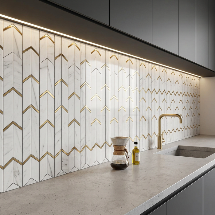 Marvel Chevron Bianco Fantastico 170x414mm sheet Polished White Body Wall Tile (0.42m2 box) - image 5