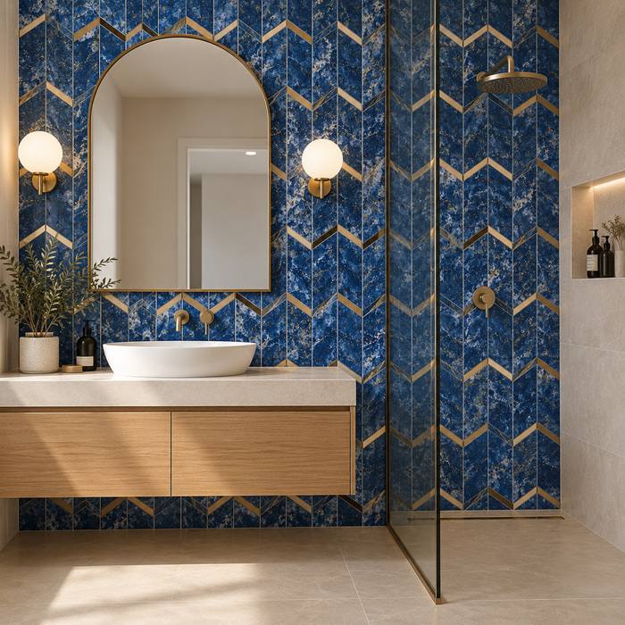 Marvel Chevron Ultramarine 170x414mm sheet Polished White Body Wall Tile (0.42m2 box)