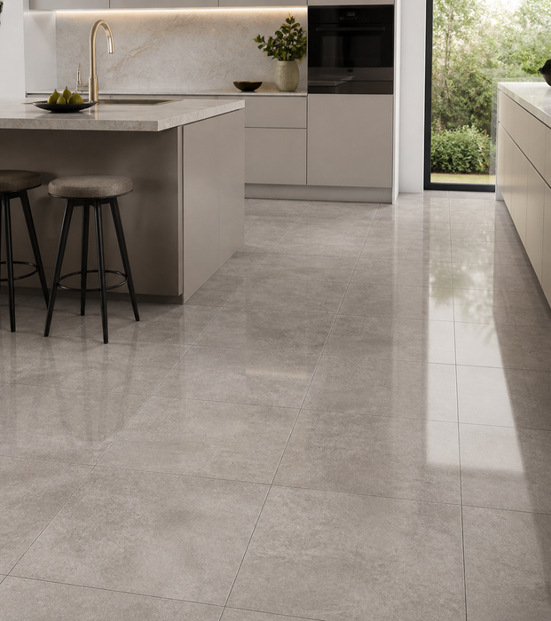 Dwell Gray 600x600mm Polished Finish Floor Tile — kitchen setting