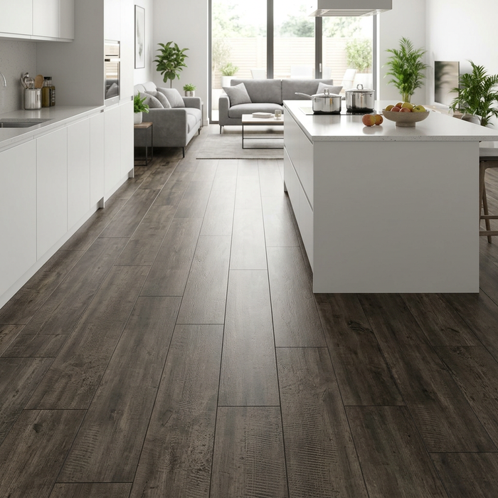 Nash Dark Oak 200x1200mm Matte Finish Floor Tile - kitchen setting