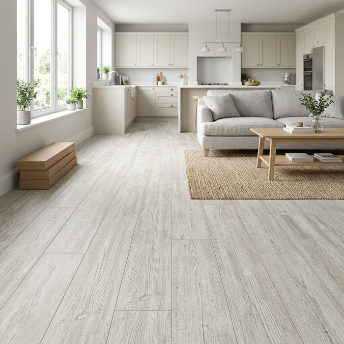 Nash White Wood 200x1200mm Matte Finish Floor Tile — kitchen setting
