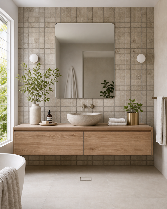 Aix Cendre Mosaico Tumbled 300x300mm Matte Finish Floor/Wall Tile — bathroom setting