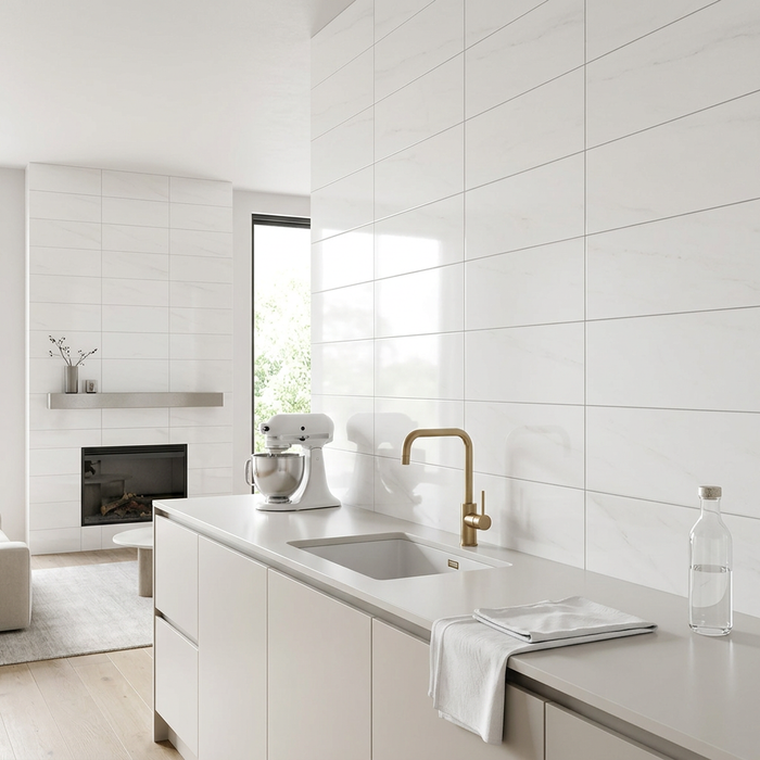 Sense White 200x600mm Gloss Wall Tile — kitchen setting