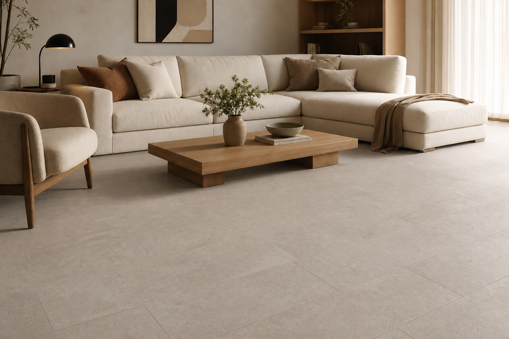 Boost Pearl 300x600mm Matte Finish Floor Tile — living area setting