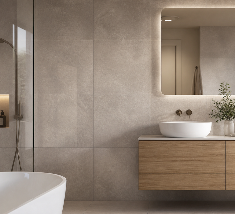 Dwell Gray 600x600mm Polished Finish Floor Tile — bathroom setting