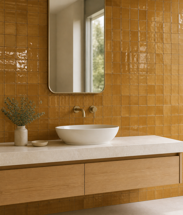 Clay Mustard 100x100mm Gloss Finish Wall Tile — bathroom setting