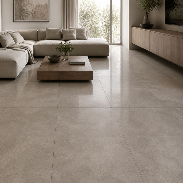 Dwell Gray 600x600mm Polished Finish Floor Tile — living area setting