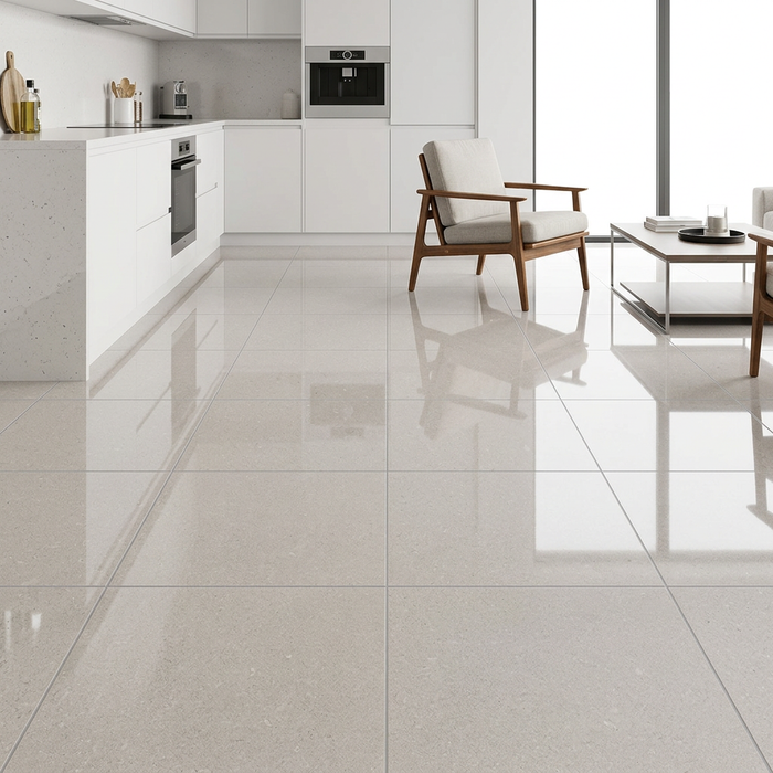 Kone Silver 600x600mm Polished Finish Floor Tile - kitchen setting