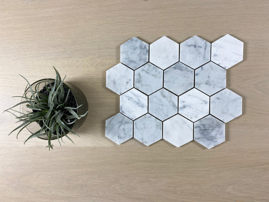 Marmo Carrara Natural Stone 305x285mm Hexagon Honed Mosaic (11 sheets, 0.96m2 box)