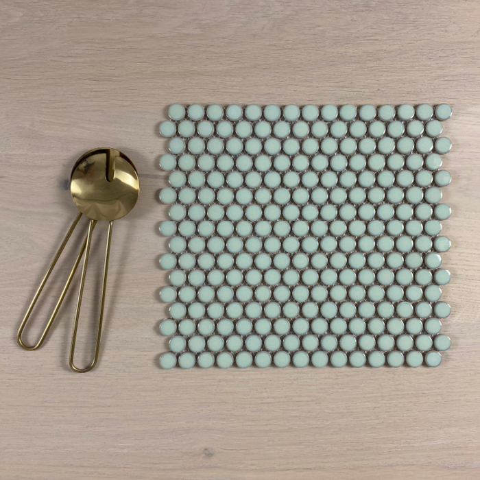 Neo Soft Green 19mm (294x315mm sheet size) Gloss Penny Round Mosaic Wall Tile (Sold as whole box containing 20 sheets or 1.85m2)