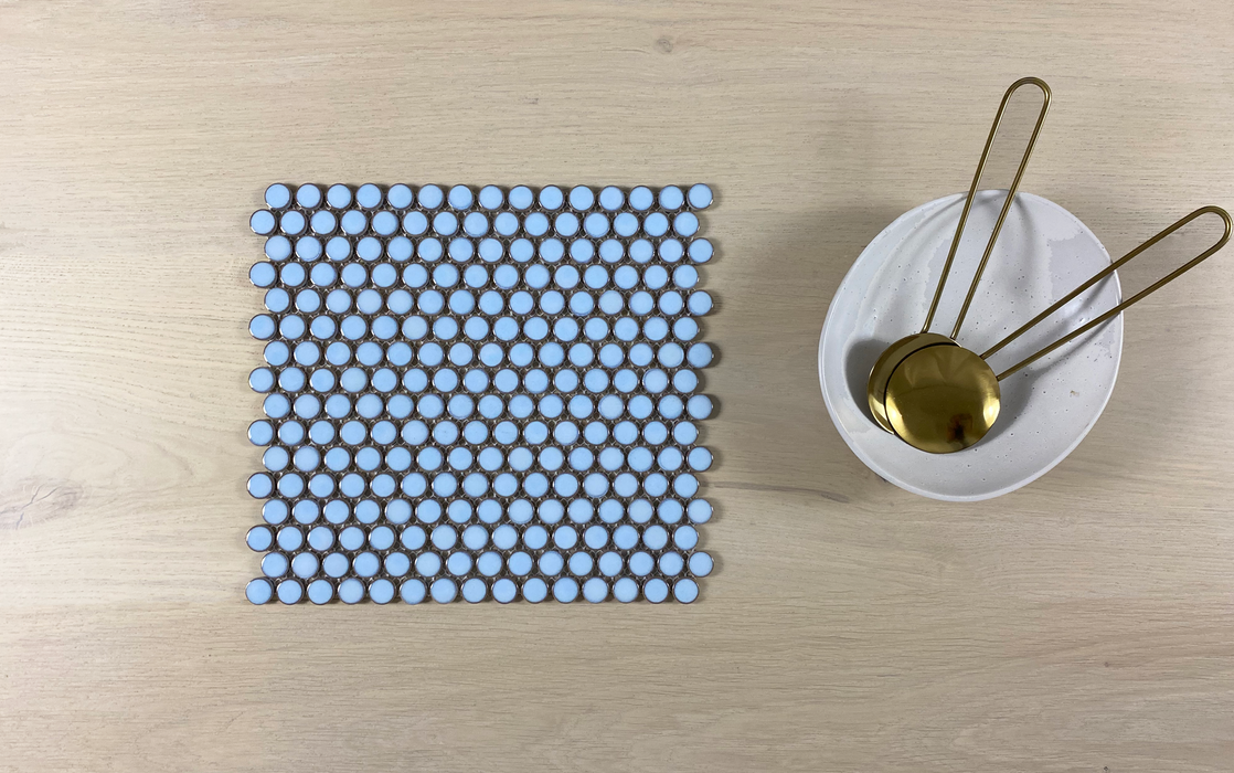 Neo Soft Blue 19mm (294x315mm sheet size) Gloss Penny Round Mosaic Wall Tile (Sold as whole box containing 20 sheets or 1.85m2)