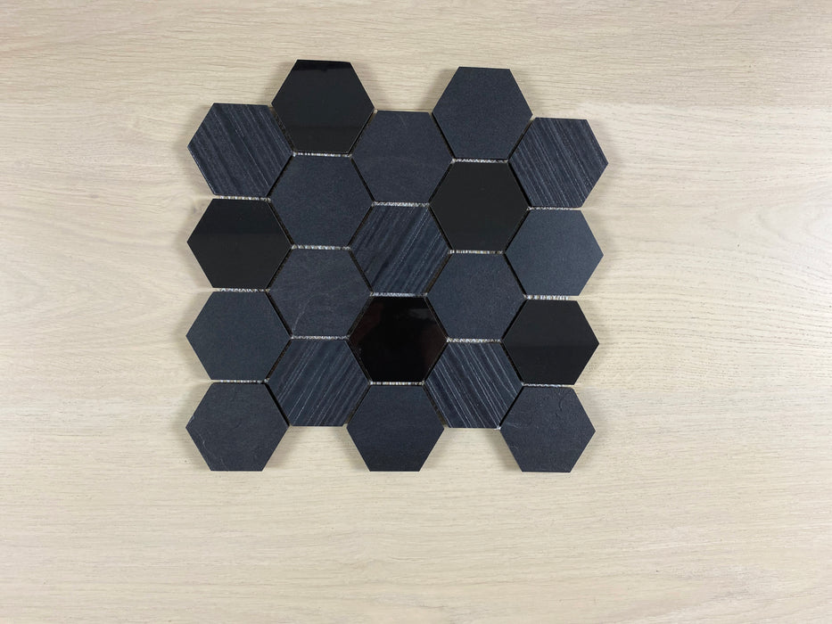Marmo Black 330x340mm Hexagon Honed Mosaic (11 sheets, 1.23m2 box)