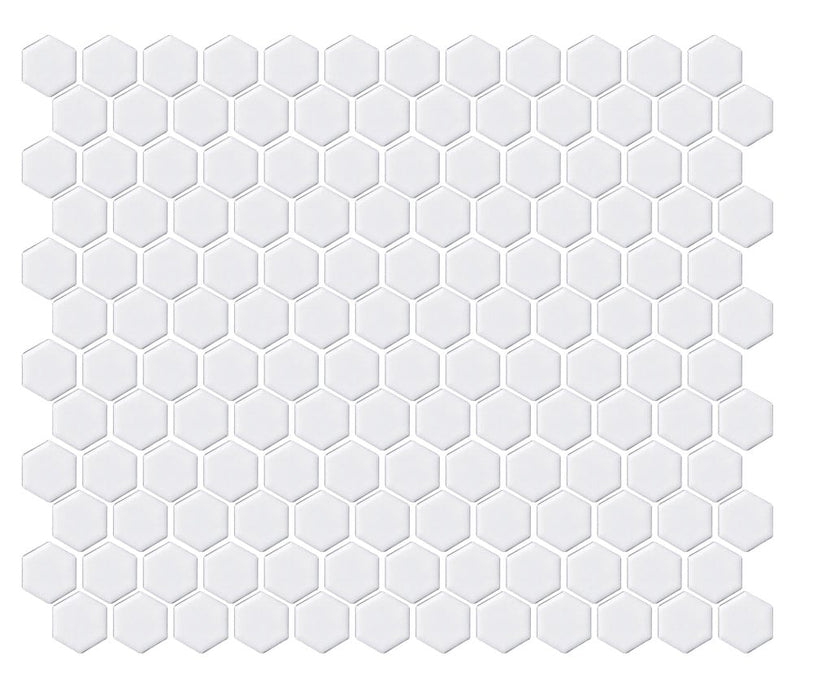 Chic White 23x23mm (258x302mm sheet size) Matt Hexagon Mosaic Wall Tile (Sold as whole box containing 10 sheets or 0.78m2)